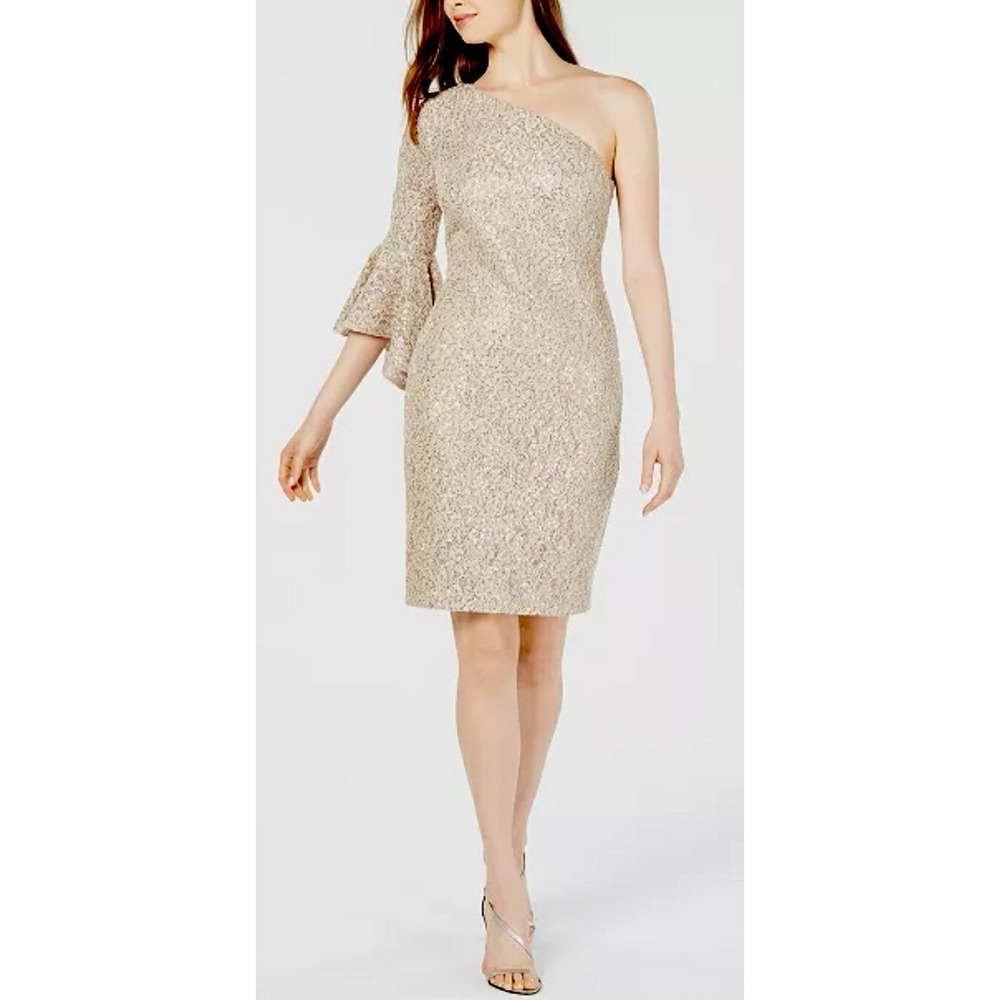 CALVIN KLEIN Women Formal Dress 8 Gold Lace Sequin One-Shoulder Short Gown New